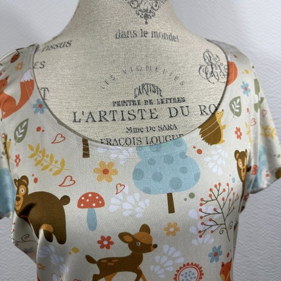 Colorful Whimsical Woodland Animals Pattern Cap Sleeve Dress Comfy Spring - Picture 5 of 11